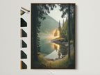 Explore framing options for your lake landscape artwork.  A brown frame is showcased alongside samples.  Find the ideal frame to complement your serene forest wall art and nature photography.