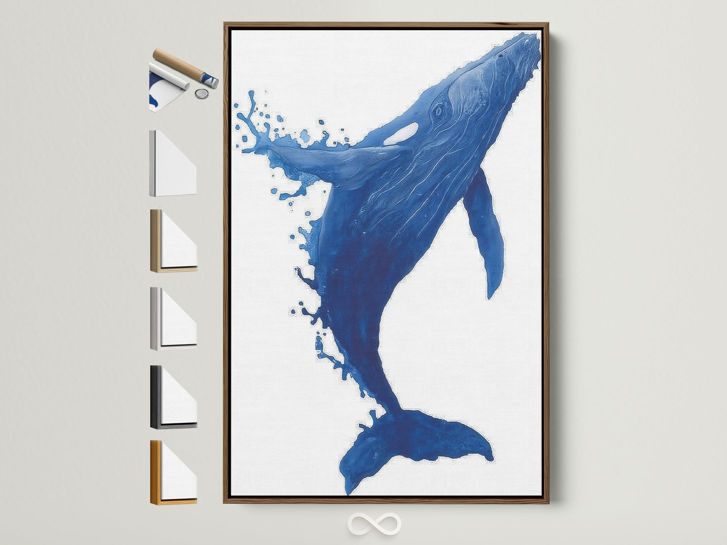 Elevate your space with our Whale Canvas Print. This indigo blue ocean wall art adds a coastal touch to any room. See all frame options available. Find the perfect frame to complement your nautical decor. This aquatic art enhances minimalist or Scandinavian styles. Perfect for homeowners renters and interior designers.