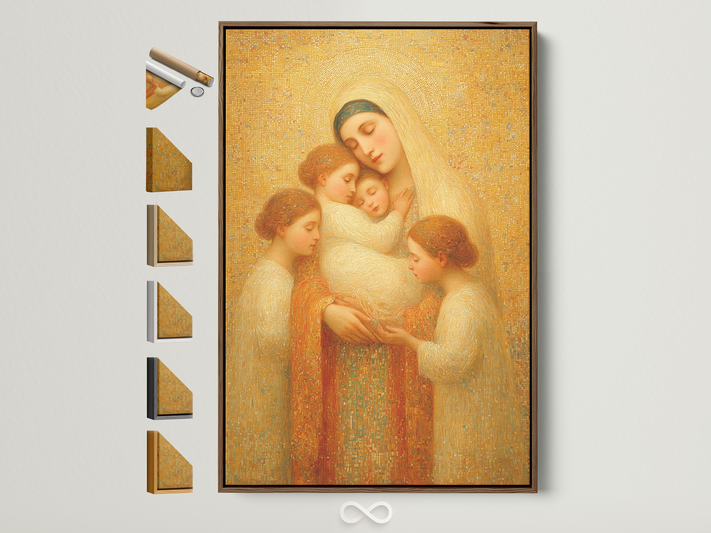 Artwork in a brown frame is displayed. The frame showcases available frame options. Each option provides a unique aesthetic. Find the perfect frame to complement your art. Enhance your space with framed art.