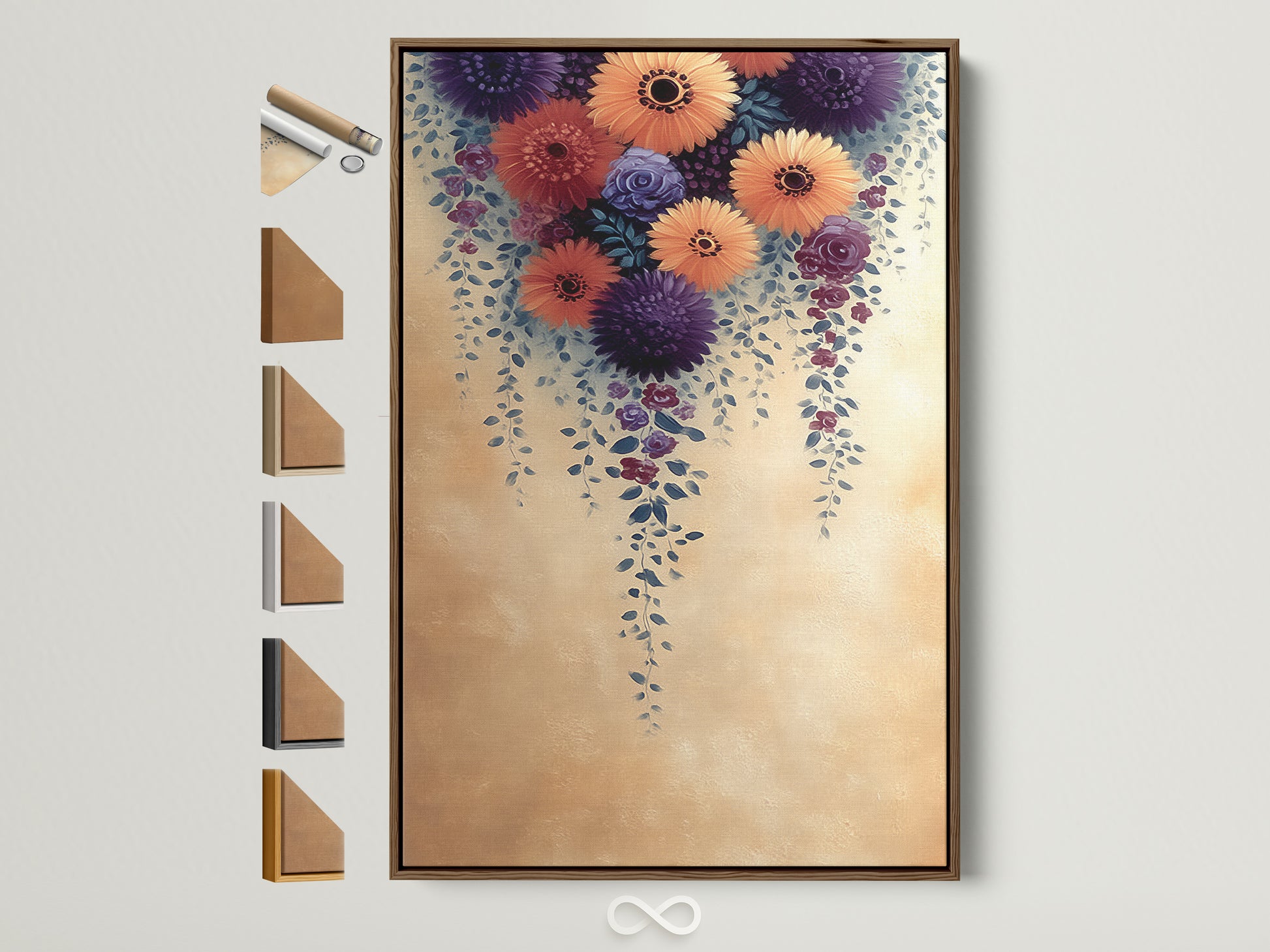 Elevate your space with the Floral Cascade Canvas Print displayed in a warm brown frame. A range of frame options are showcased. Discover the perfect frame to complement your farmhouse or botanical artwork. Explore now for living room and bedroom wall art ideas