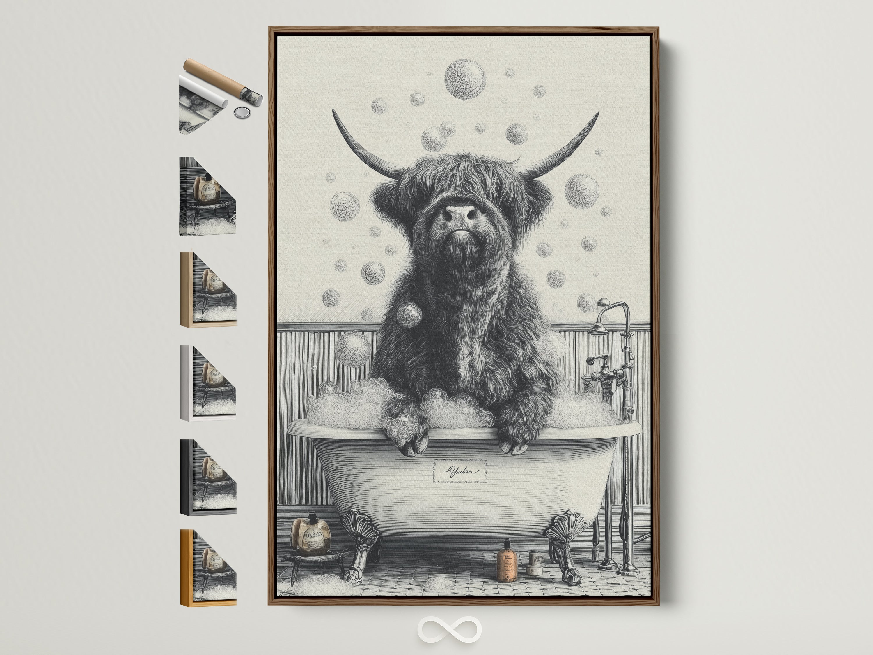 A framed highland cow art print is displayed. It features a brown frame. Several frame options are visible along the side. This farmhouse animal poster adds humor to bathroom wall art. It's perfect for restroom decor.