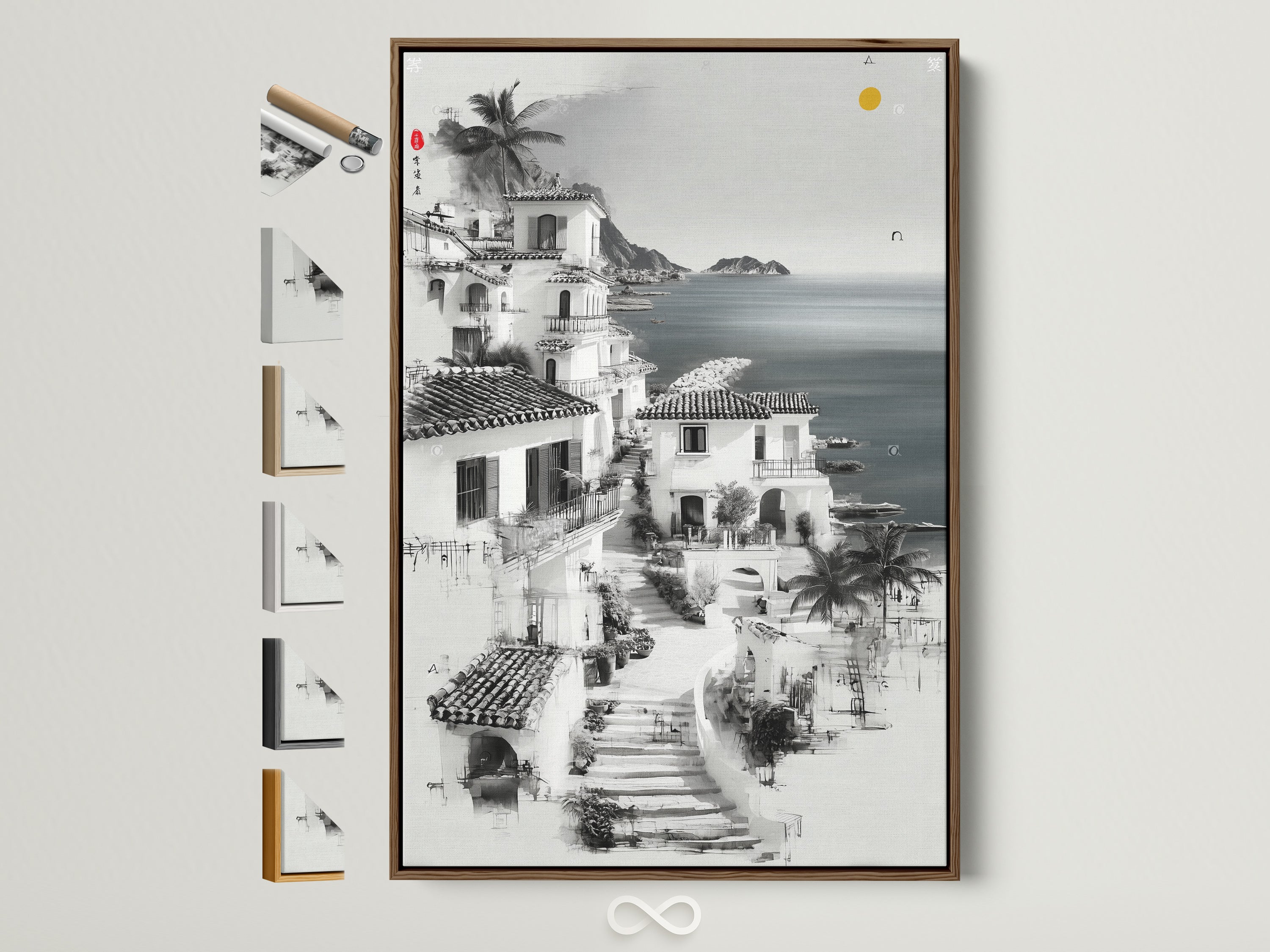 Coastal Village artwork in a brown frame. Discover framed wall art for minimalist homes. This black and white seascape brings Mediterranean charm to your decor. All frame options displayed.