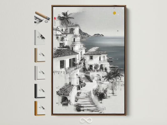 Coastal Village artwork in a brown frame. Discover framed wall art for minimalist homes. This black and white seascape brings Mediterranean charm to your decor. All frame options displayed.