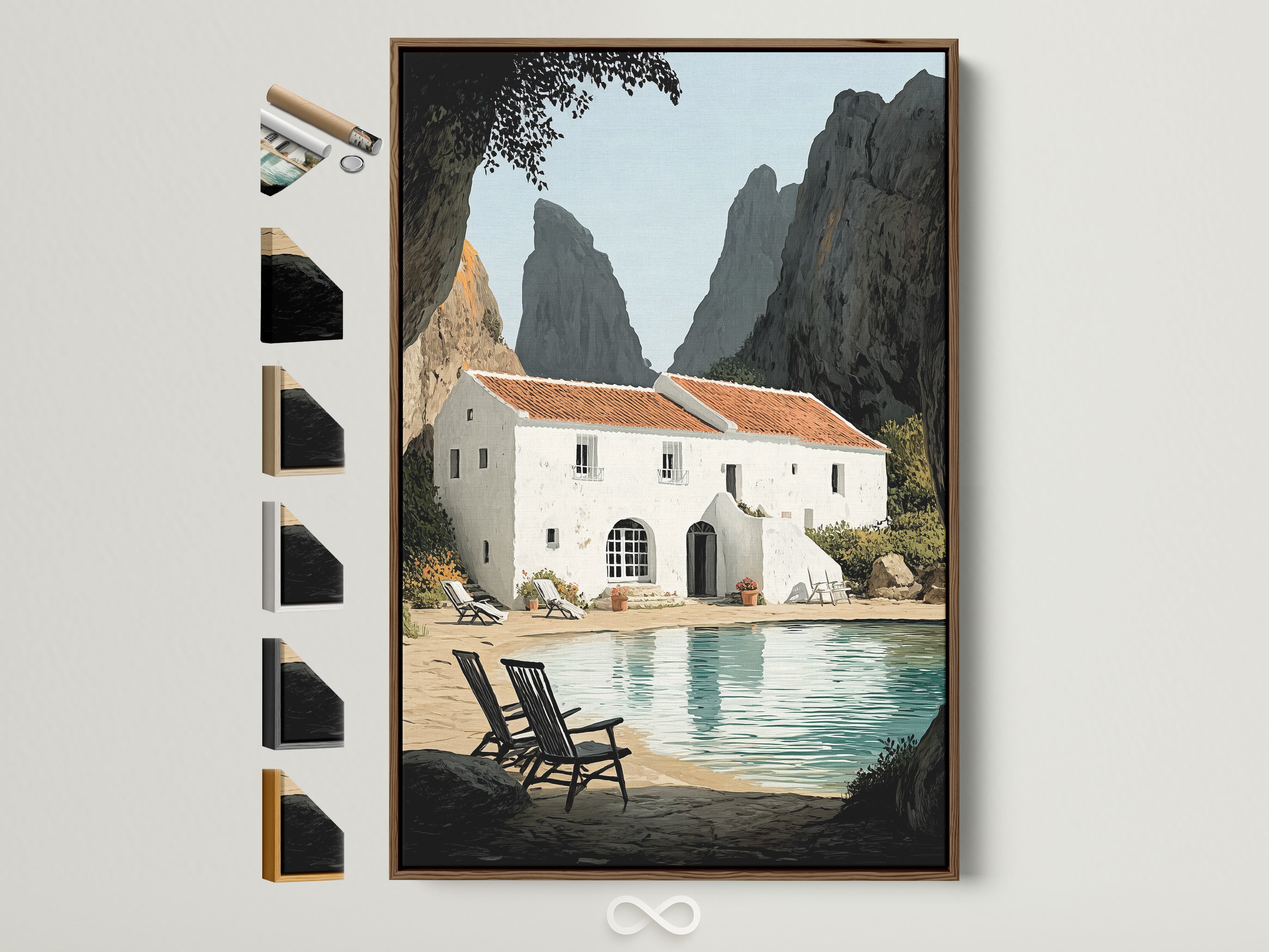 Framed coastal villa artwork with a brown frame is displayed on a white wall. Explore framed Coastal Wall Art for minimalist contemporary or Mediterranean styles. Perfect for living rooms bedrooms and vacation homes. Frame options are visible on the side.