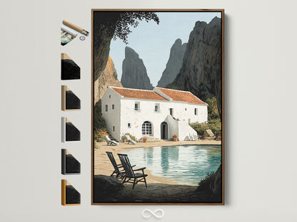 Framed coastal villa artwork with a brown frame is displayed on a white wall. Explore framed Coastal Wall Art for minimalist contemporary or Mediterranean styles. Perfect for living rooms bedrooms and vacation homes. Frame options are visible on the side.