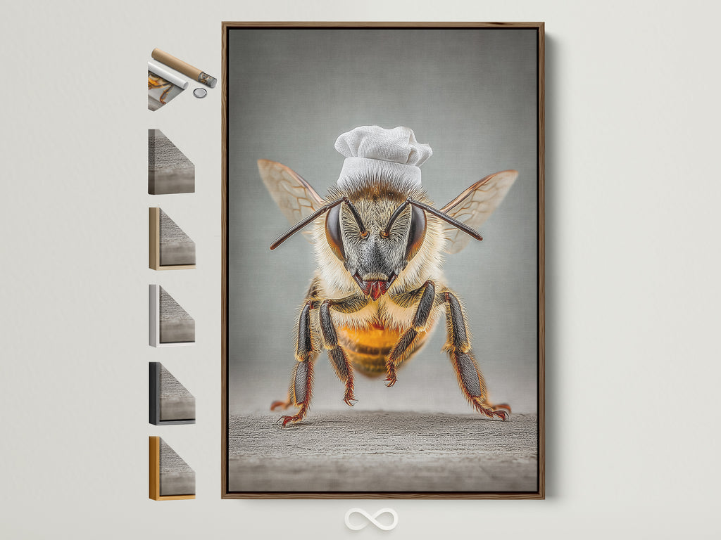 Chef Bee artwork with a brown frame. This quirky kitchen decor adds a whimsical touch. It's perfect insect canvas art for dining rooms and restaurants. See all frame options available to elevate your space with this piece.