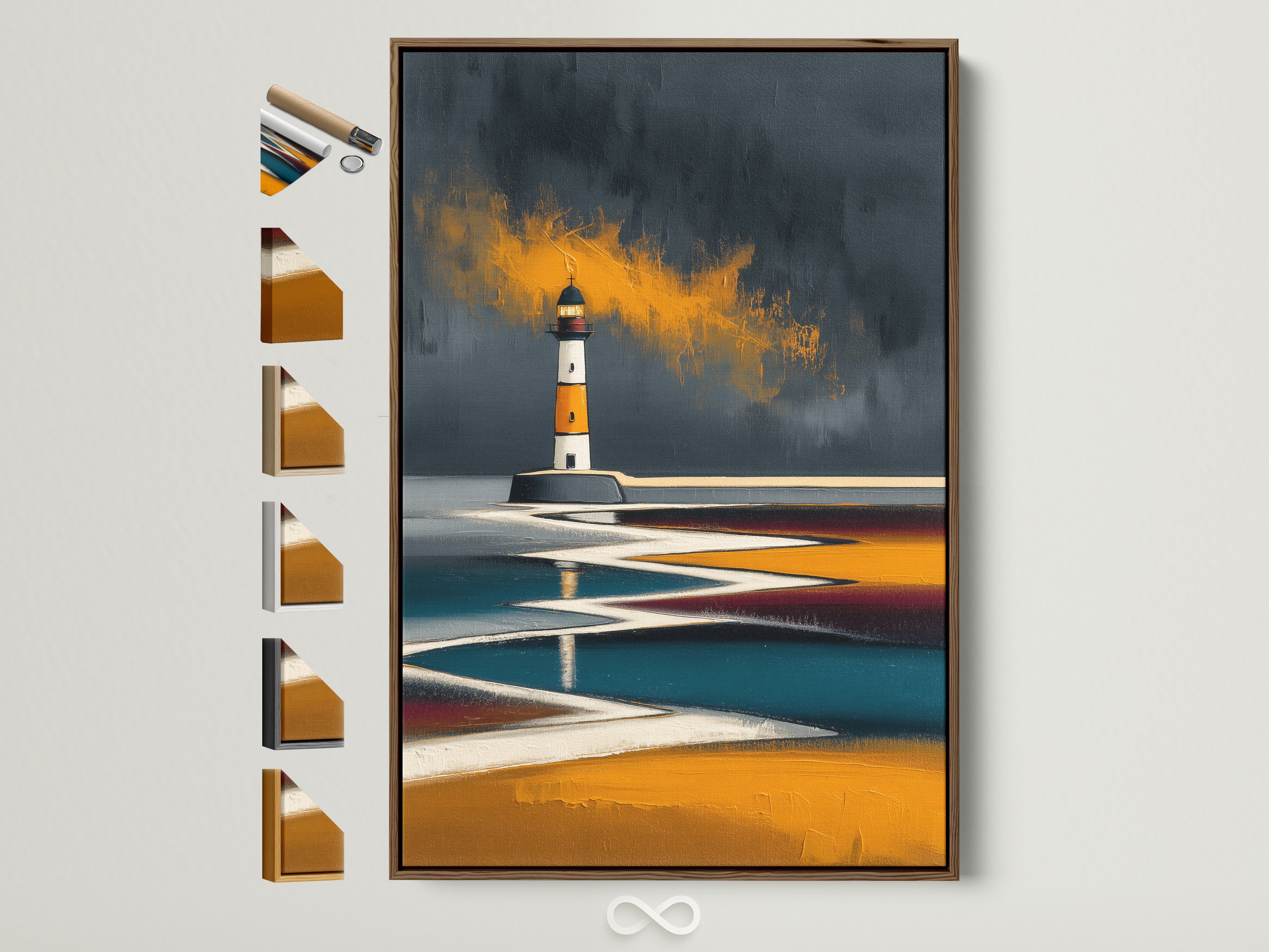 Lighthouse coastal art print in a brown frame. This wall art showcases all the frame options available. The abstract nautical artwork adds modern elegance. It's perfect for coastal or minimalist decor. Enhance your space with this calming sea landscape.