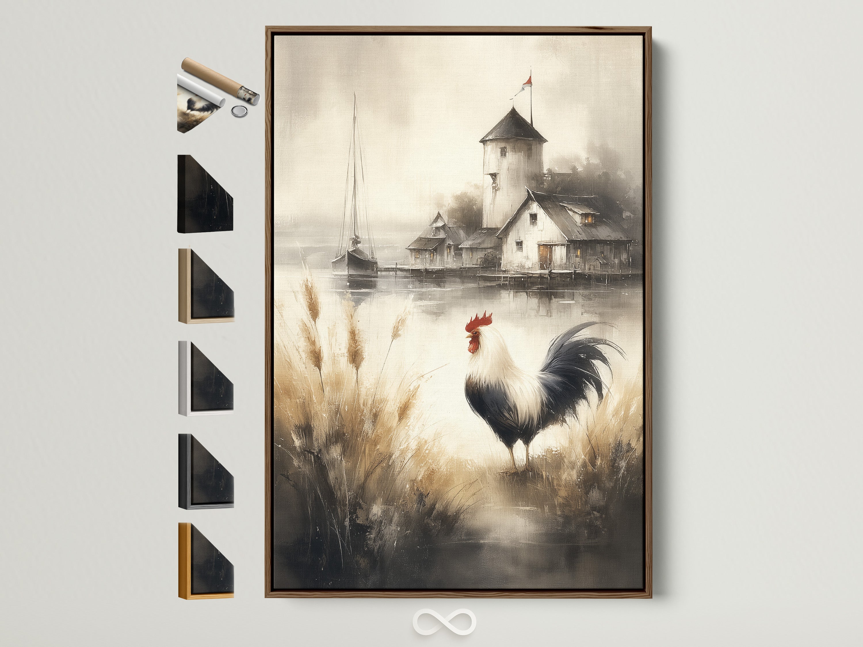 Rooster artwork in a brown frame. Various frame color samples are displayed. This country kitchen art adds rustic charm. Consider this farmhouse decor for your home. It's vintage watercolor painting for a cozy touch.