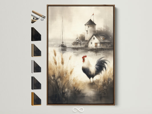 Rooster artwork in a brown frame. Various frame color samples are displayed. This country kitchen art adds rustic charm. Consider this farmhouse decor for your home. It's vintage watercolor painting for a cozy touch.