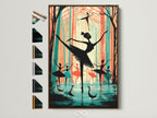 Ballerina artwork with a brown frame. Multiple frame options are displayed on the side. This teal and coral ballet wall art is ideal for dance studios. It is also great for theater enthusiasts seeking modern artwork.