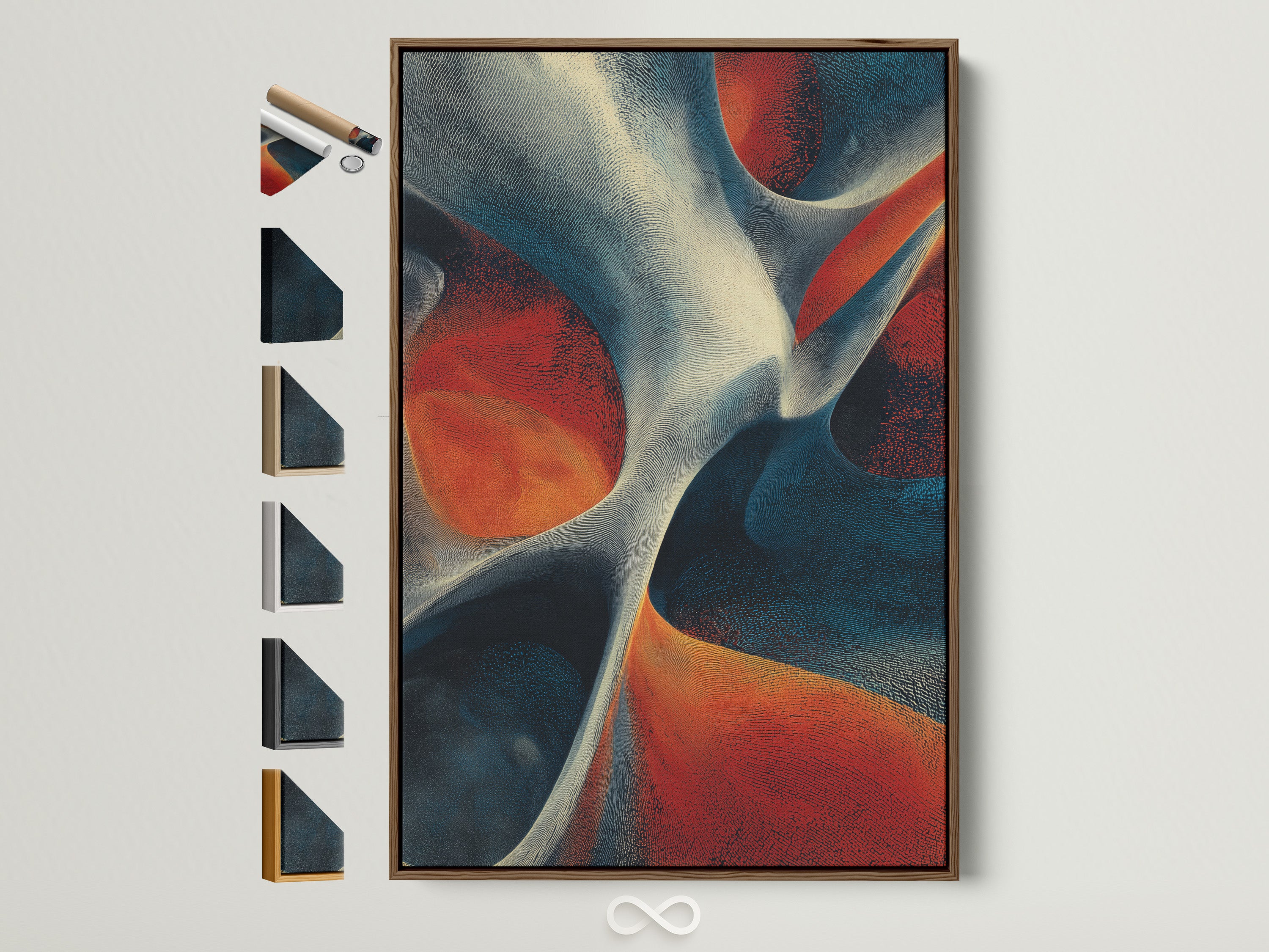 Artwork with a brown frame on a white wall. All frame options are displayed on the side. The artwork features abstract shapes in red white and blue. This framed art is a great addition to any home or office.