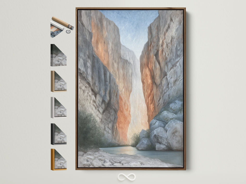 Canyon River Gorge artwork in a brown frame. This neutral tone landscape photography adds an elevated touch to office decor. See all frame options available on the side. Perfect for modern or rustic decor.