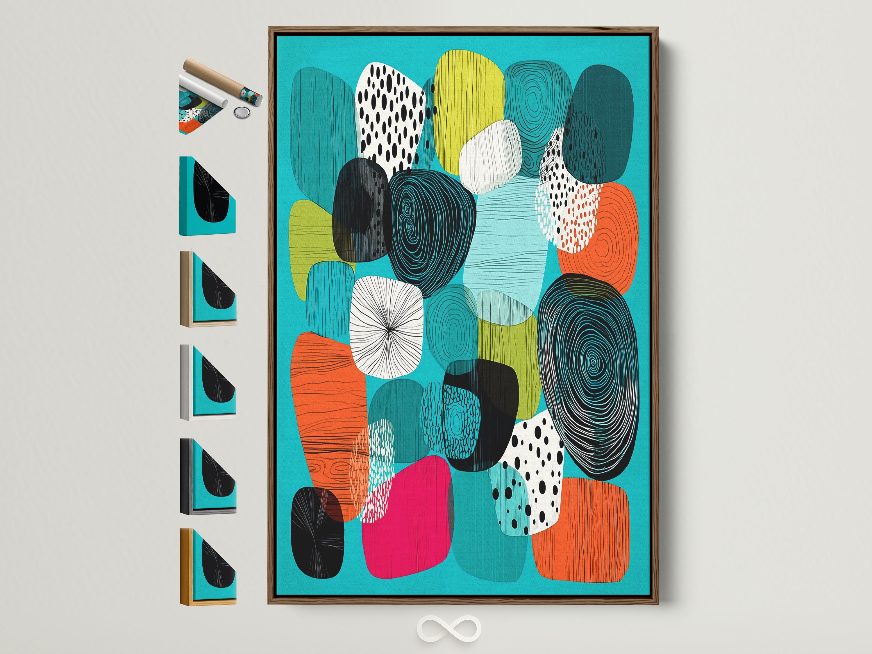 A mid-century modern artwork in a brown frame is mounted on a white wall. This abstract canvas features teal orange and geometric shapes. See all frame options displayed on the side. Perfect home wall decor to elevate your space.