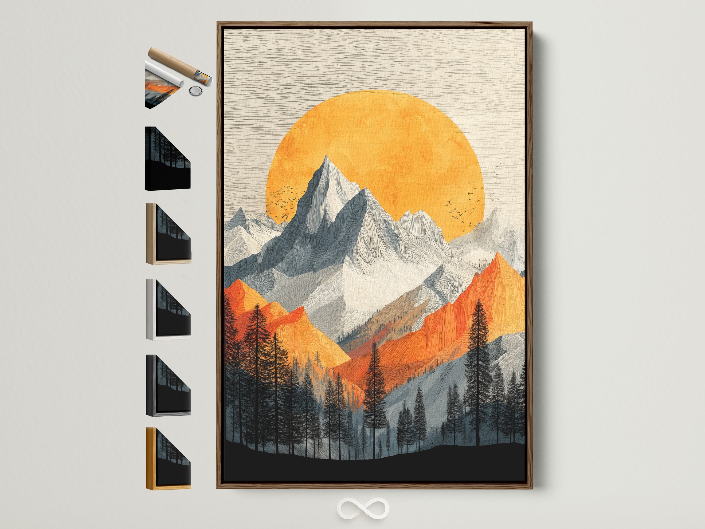 Mountain Sunset artwork in a brown frame. Various frame options are displayed on the side. The artwork features a vintage alpine scene. Orange and gray hues create a serene nature print for bedroom wall decor. Perfect for adding a touch of contemporary style to any space.