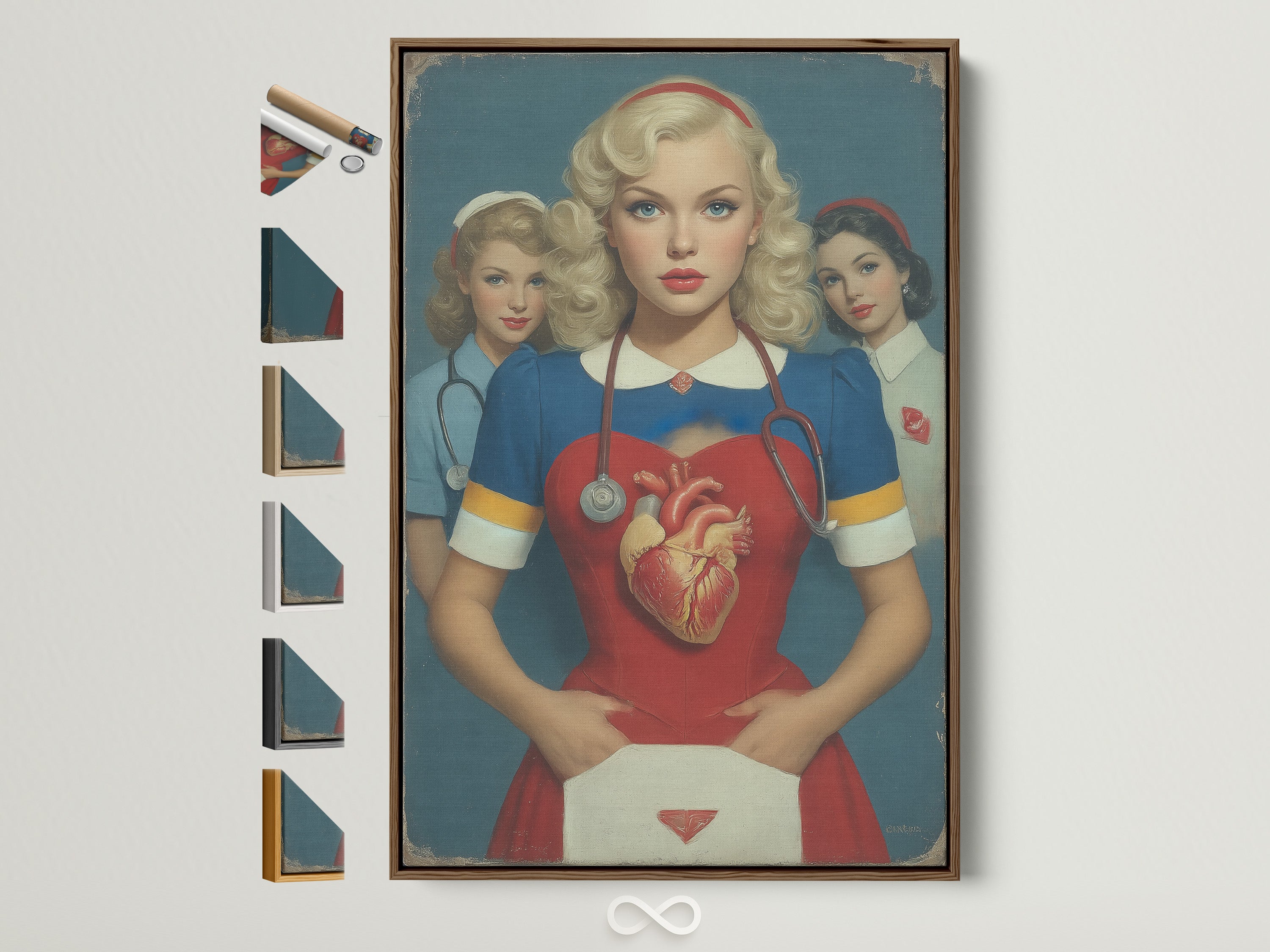 Vintage nurse artwork with an anatomical heart in a brown frame. Explore framed art options to match your style. This retro medical wall art is perfect for healthcare settings.