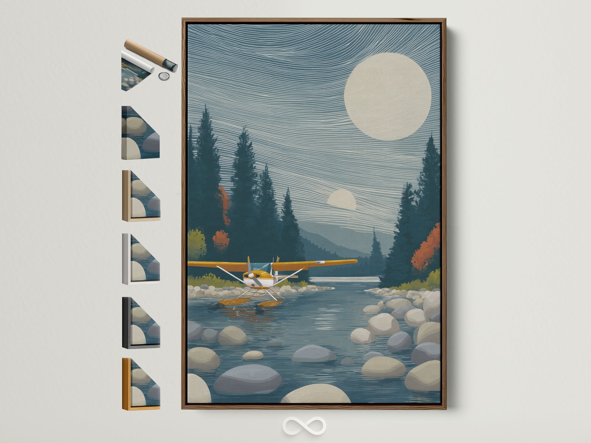 Seaplane canvas artwork in a brown frame. View all frame options. Aviation Wall Art for Cabin Decor. This lake landscape artwork brings modern rustic charm. Perfect for aviation buffs and cabin themes. Elevate your living room or office with this unique piece.