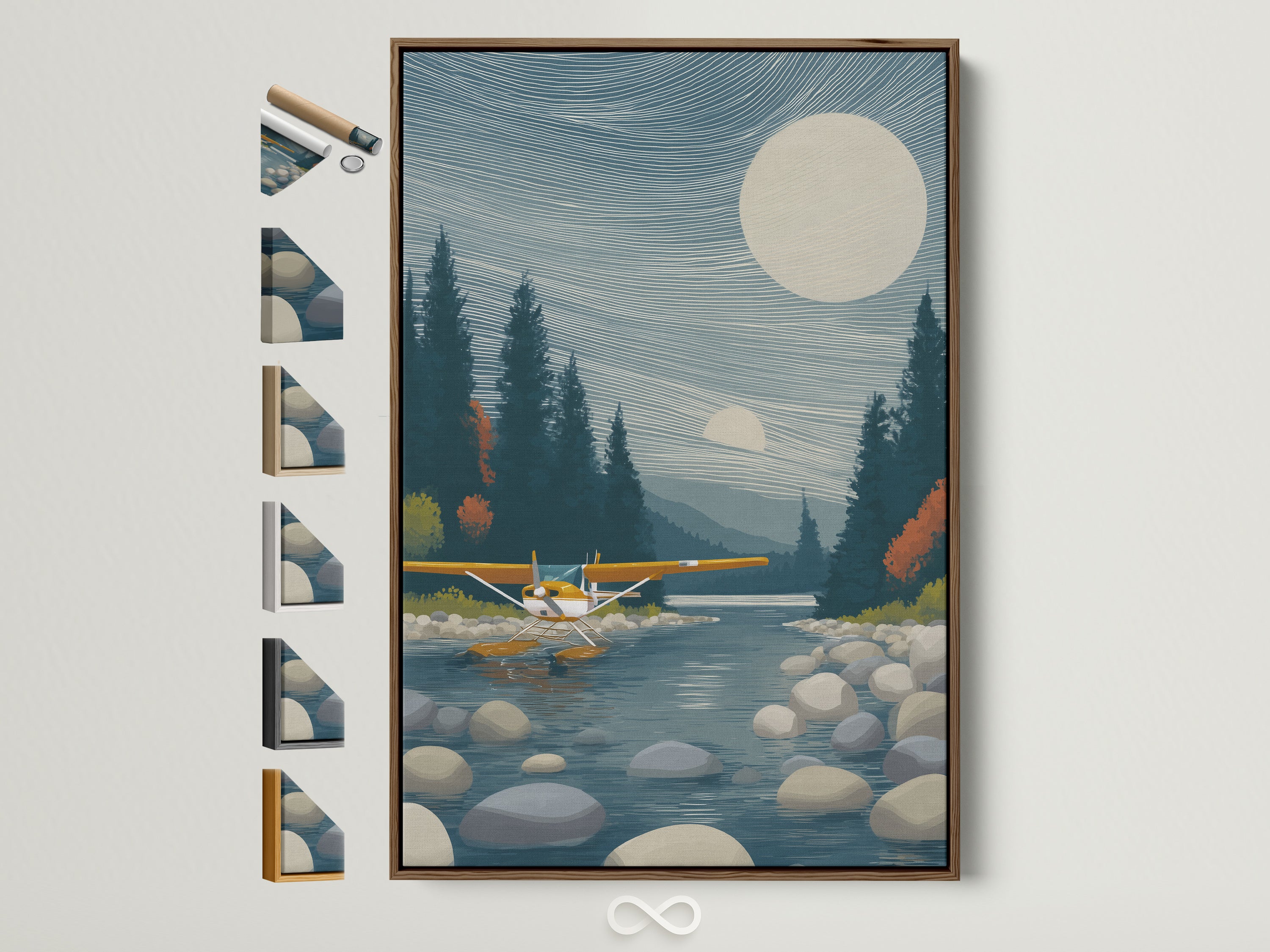 Seaplane canvas artwork in a brown frame. View all frame options. Aviation Wall Art for Cabin Decor. This lake landscape artwork brings modern rustic charm. Perfect for aviation buffs and cabin themes. Elevate your living room or office with this unique piece.