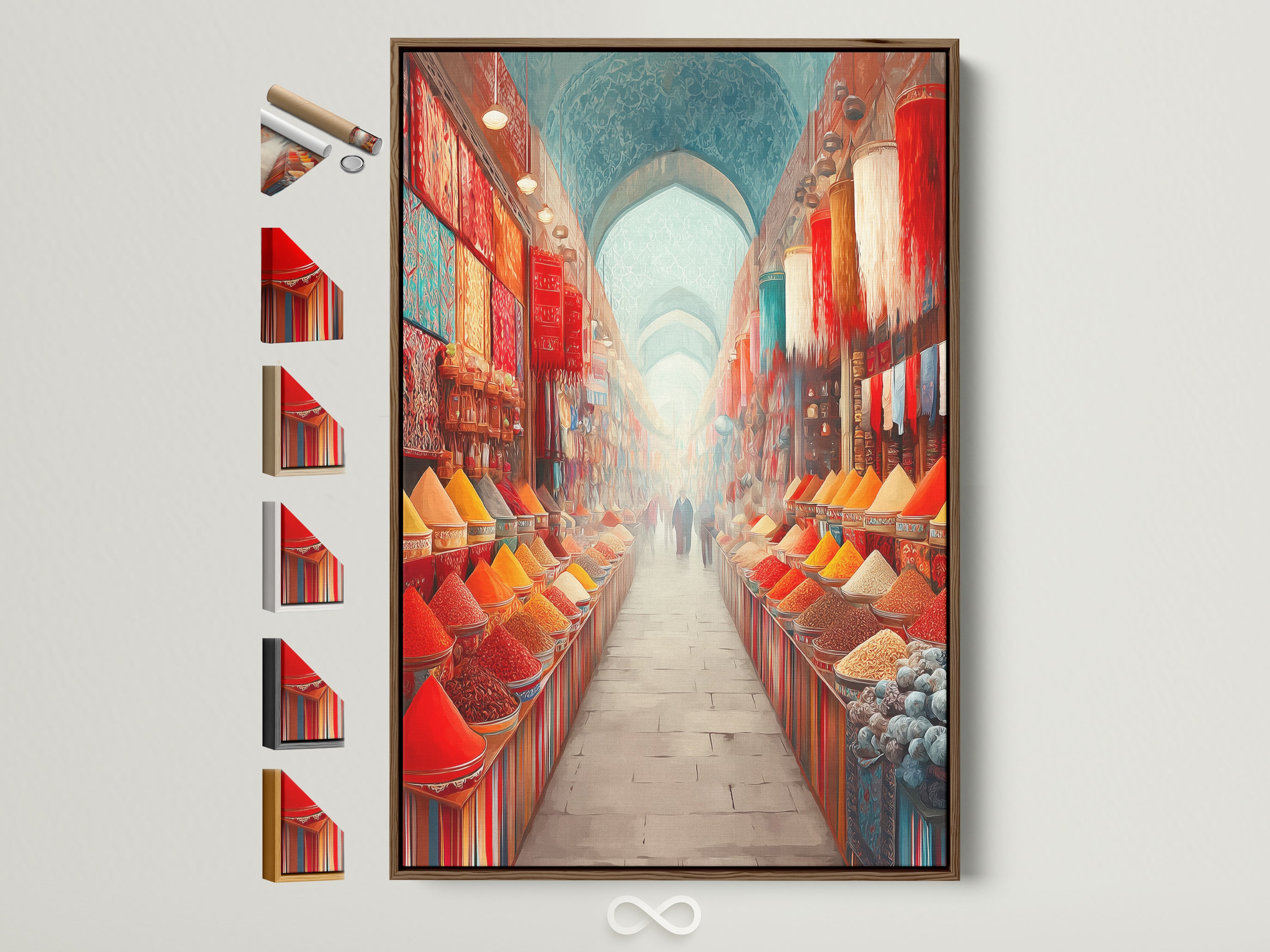 Spice Market artwork with a brown frame. This art adds an exotic touch to any room. See all our frame options to customize your bazaar canvas art. This colorful food photography brings warmth to kitchens dining rooms restaurants studios lobbies clinics cafés and boardrooms.