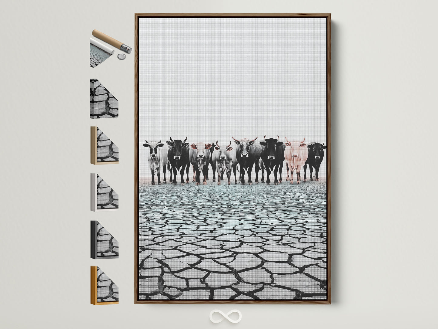 Cattle canvas print in a brown frame. Farm animal wall art for rustic countryside artwork. This piece elevates your space with farmhouse country or ranch styles. See frame options.