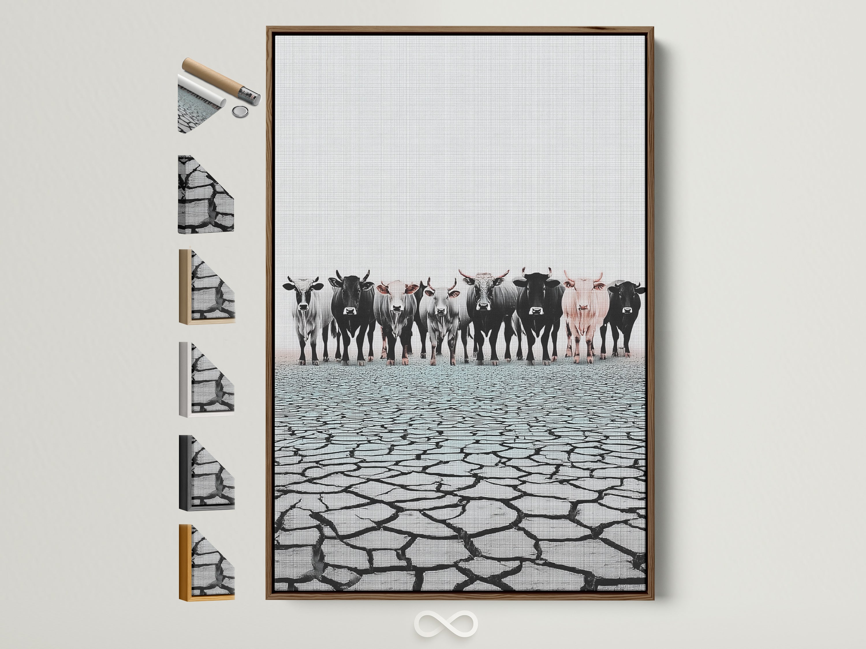 Cattle canvas print in a brown frame. Farm animal wall art for rustic countryside artwork. This piece elevates your space with farmhouse country or ranch styles. See frame options.