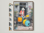 Jazz Drummer artwork with a brown frame. The urban music wall art features cool tones of orange and blue. See all available frame options for musician artwork. Perfect modern wall decor for a music studio or home.