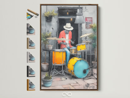 Jazz Drummer artwork with a brown frame. The urban music wall art features cool tones of orange and blue. See all available frame options for musician artwork. Perfect modern wall decor for a music studio or home.