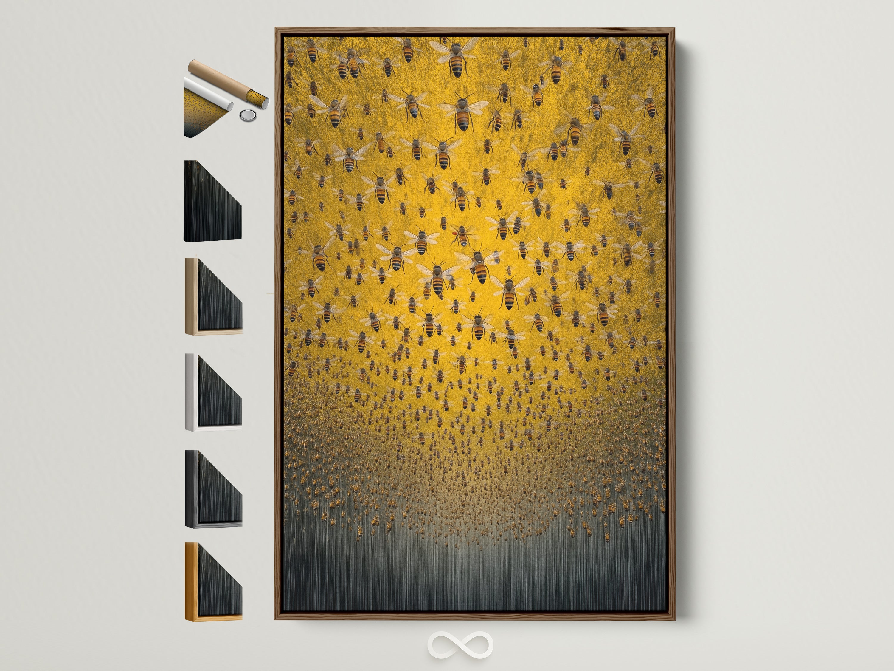 Explore frame options for your honey bee artwork. This brown frame displays the gold and gray insect wall art beautifully. See the various frame styles available for your apiculture print. Find the perfect frame to complement your farmhouse decor. Consider a stretched canvas or floating frame.