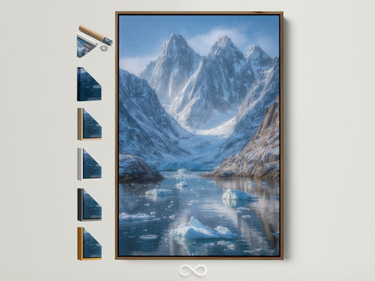 Mountain Glacier canvas artwork with a brown frame. This arctic landscape wall art features blue iceberg scenery. Frame options are displayed on the side. Perfect home or office decor.