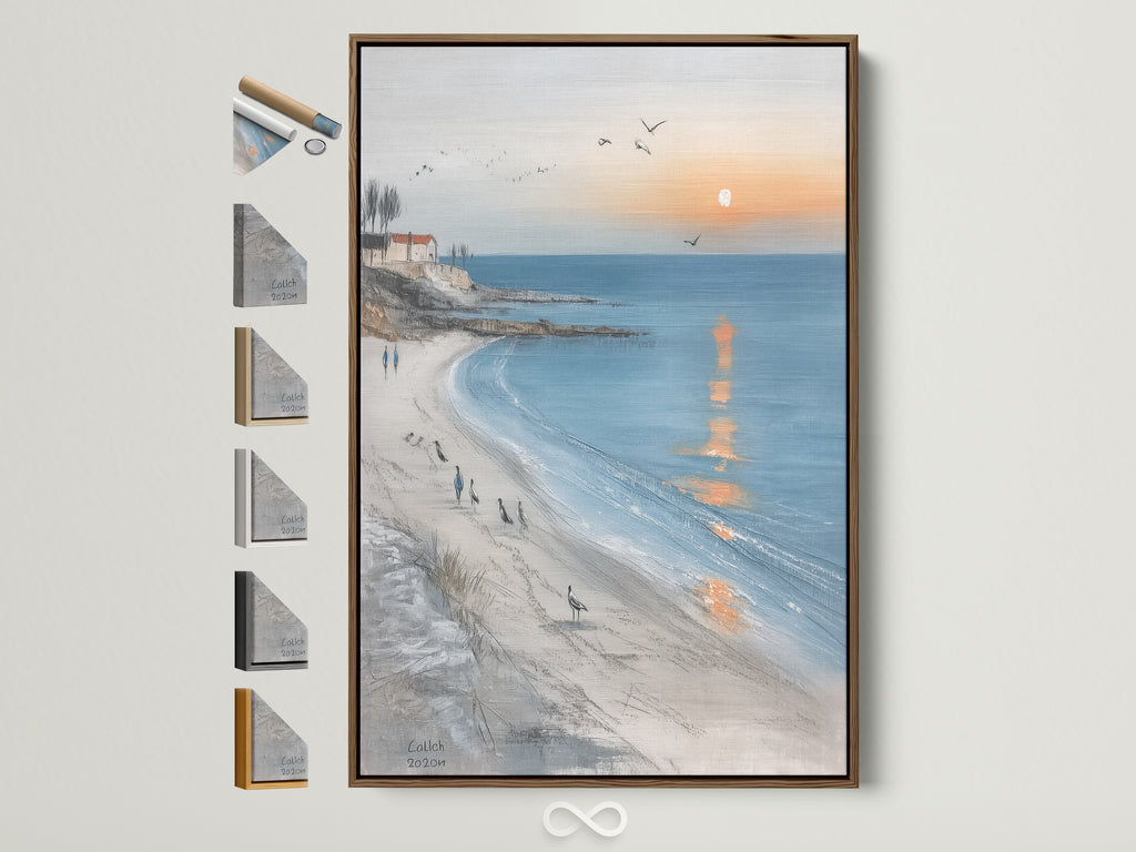 Coastal Beach Canvas Print in a brown frame is displayed with frame options. This ocean sunset wall art brings a seaside landscape to your entryway decor.  Explore various frame styles to match your coastal artwork perfectly. This is serene wall art for nautical decor.