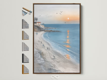 Coastal Beach Canvas Print in a brown frame is displayed with frame options. This ocean sunset wall art brings a seaside landscape to your entryway decor.  Explore various frame styles to match your coastal artwork perfectly. This is serene wall art for nautical decor.