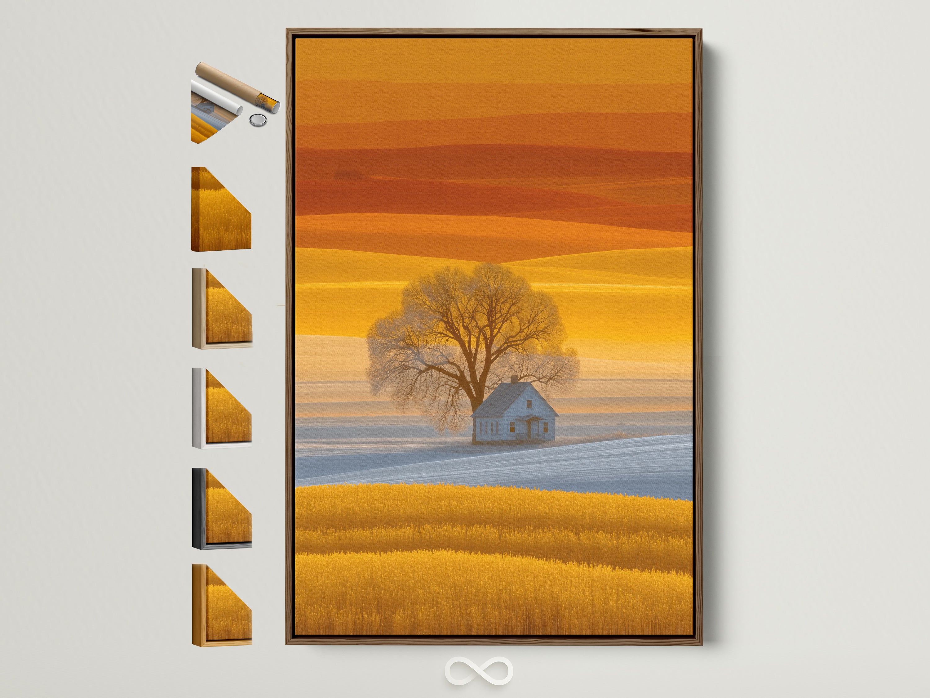 Farmhouse landscape artwork with a golden field and country house is displayed. The artwork is framed in a brown frame. See all frame options available. Perfect wall art for your dining room or living space. Elevate your home decor with scenic artwork.