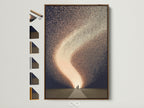 Modern celestial art print in a brown frame. The artwork features a cosmic sparkle design perfect for a kids room. Explore frame options to match your decor. Abstract family wall art adds a dreamy touch. This art print is ideal for a modern beige or gold-themed room.