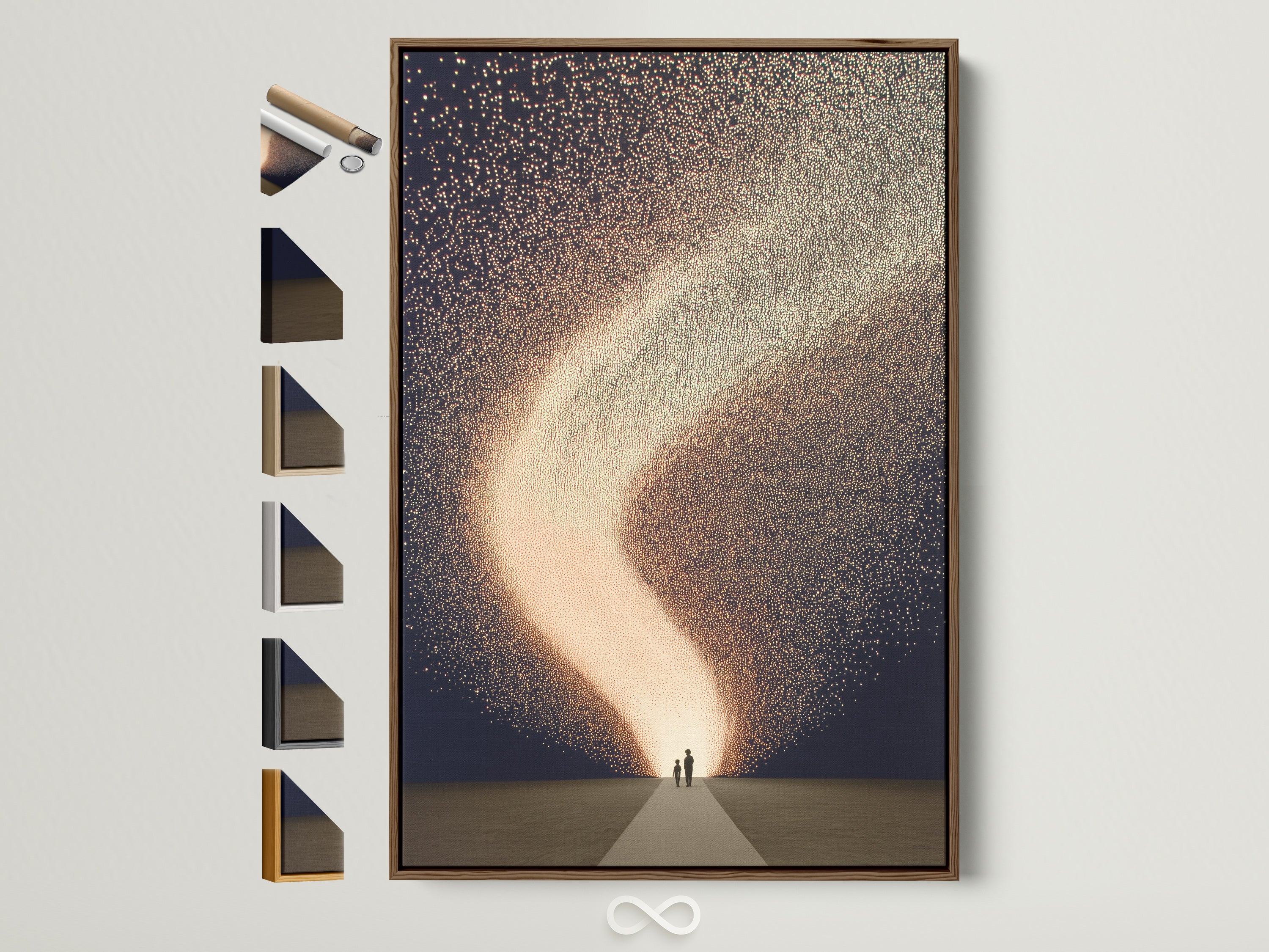 Modern celestial art print in a brown frame. The artwork features a cosmic sparkle design perfect for a kids room. Explore frame options to match your decor. Abstract family wall art adds a dreamy touch. This art print is ideal for a modern beige or gold-themed room.