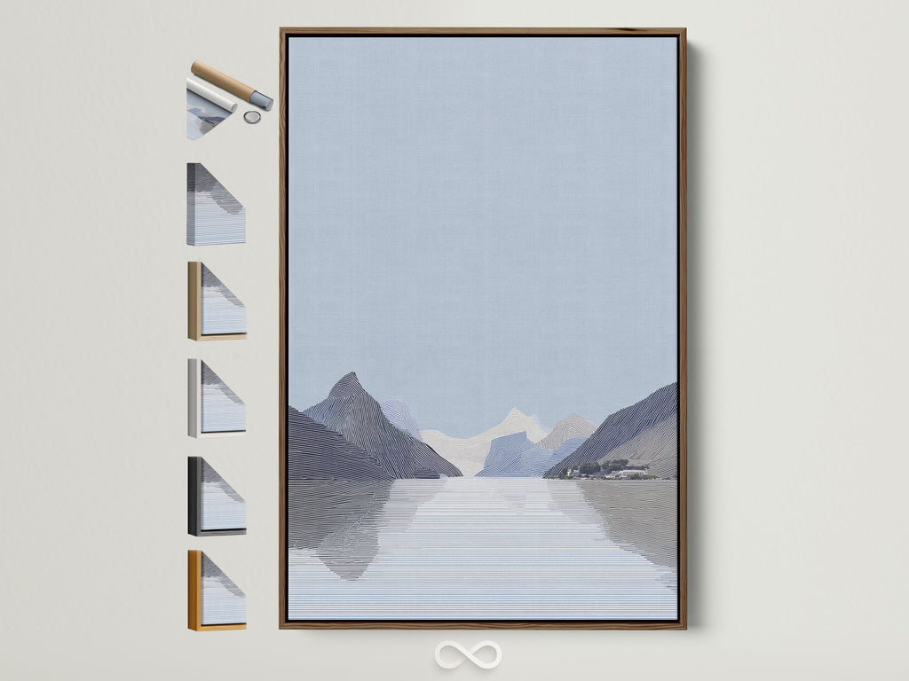 Explore our artwork framing options. See a brown frame showcasing a serene landscape. Multiple frame styles are displayed. Find the perfect frame to complement your art. Enhance your artwork with our diverse frames.