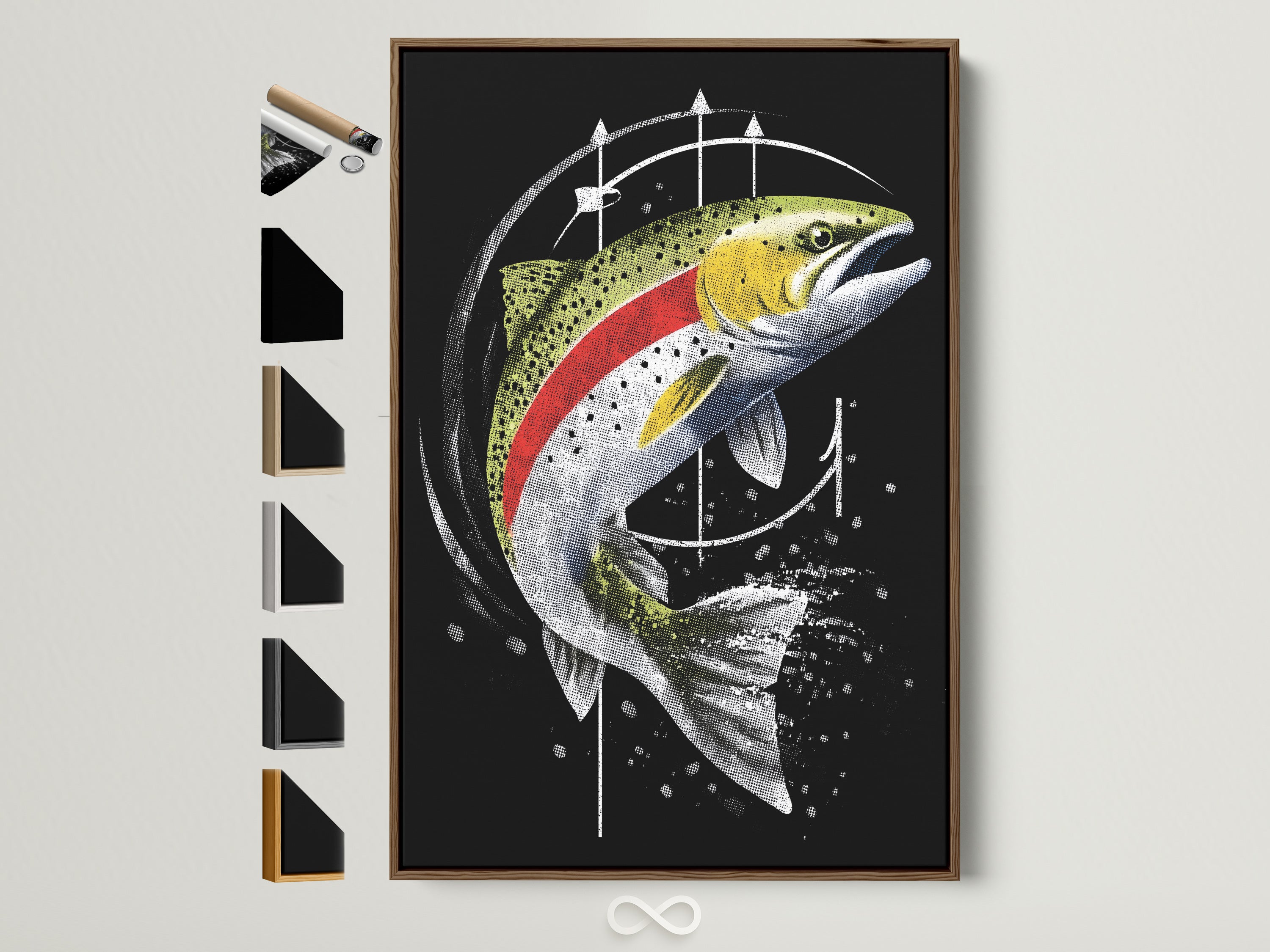 Trout Canvas Print in a Brown Frame displays all frame options. This modern angler artwork is perfect for fishing enthusiasts. Elevate your cabin wall decor with this unique fish wall art. It adds a touch of sportsman charm to any space.