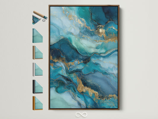 Abstract Ocean artwork with teal and gold accents is displayed in a brown frame. The frame options are visible on the side. This modern art enhances coastal or eclectic home decor. Perfect for adding a touch of elegance to any room with its fluid art poster style.