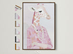 Brown frame displays a Giraffe Portrait Canvas Print. Pink blush animal wall art is chic for nursery decor. A fashionable giraffe with pearls adds style. Explore frame options for your artwork. Find the perfect frame for your pink animal print.