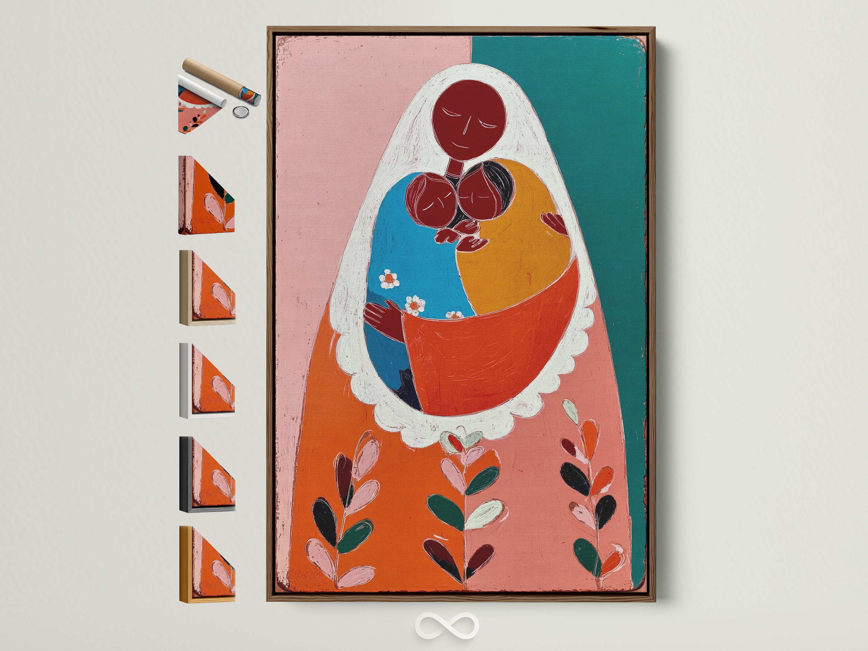 Explore our range of frame options. The artwork shows a mother embracing two children. It has a light brown frame. This art piece is displayed on a white wall. Discover the perfect frame to complement your art print.