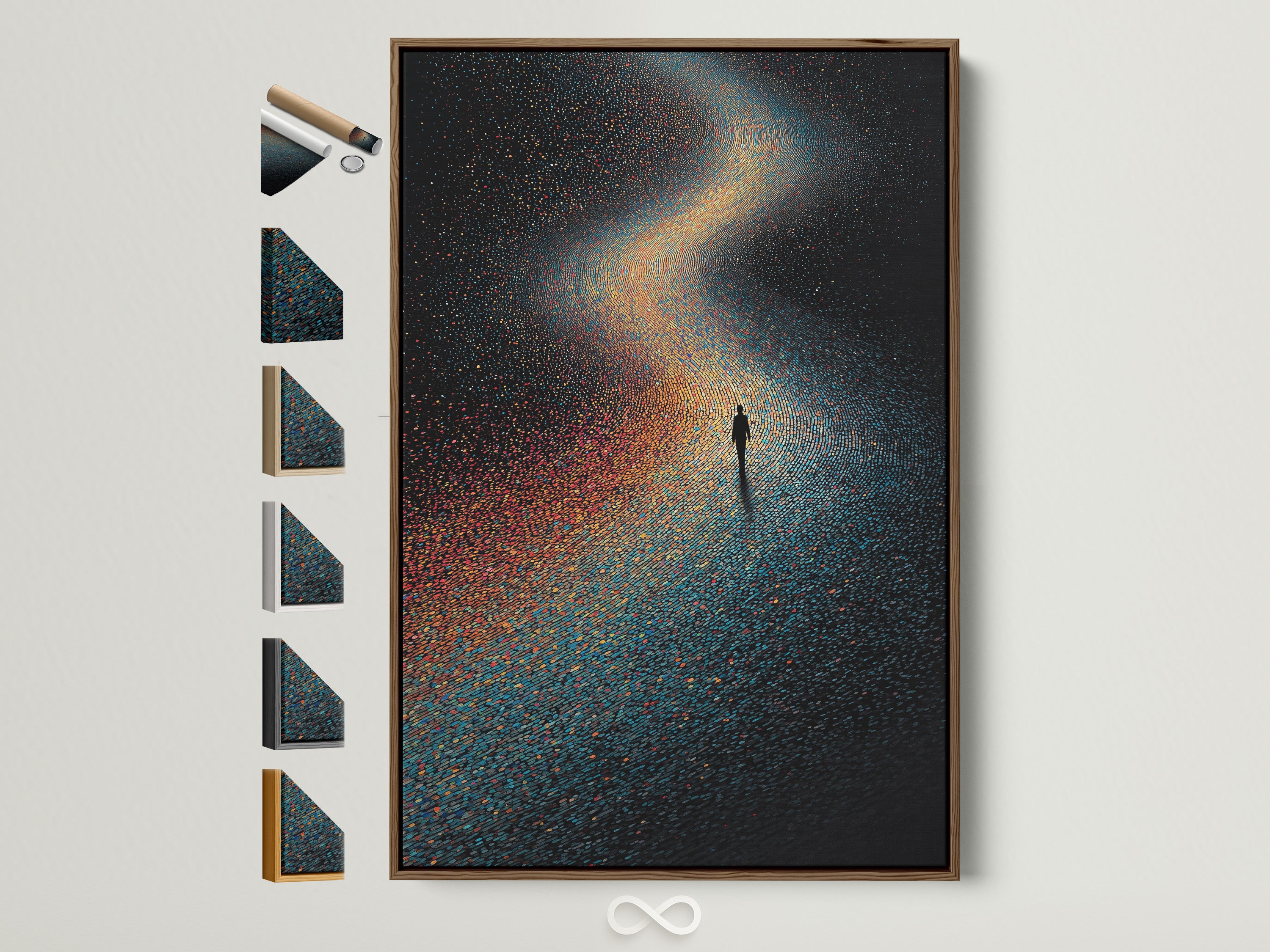 A cosmic galaxy canvas print is displayed within a brown frame. The artwork features surreal space wall art. It showcases celestial pointillism. Frame options are visible on the side. This piece elevates bedroom decor. It is perfect for homeowners and interior designers seeking modern wall art.