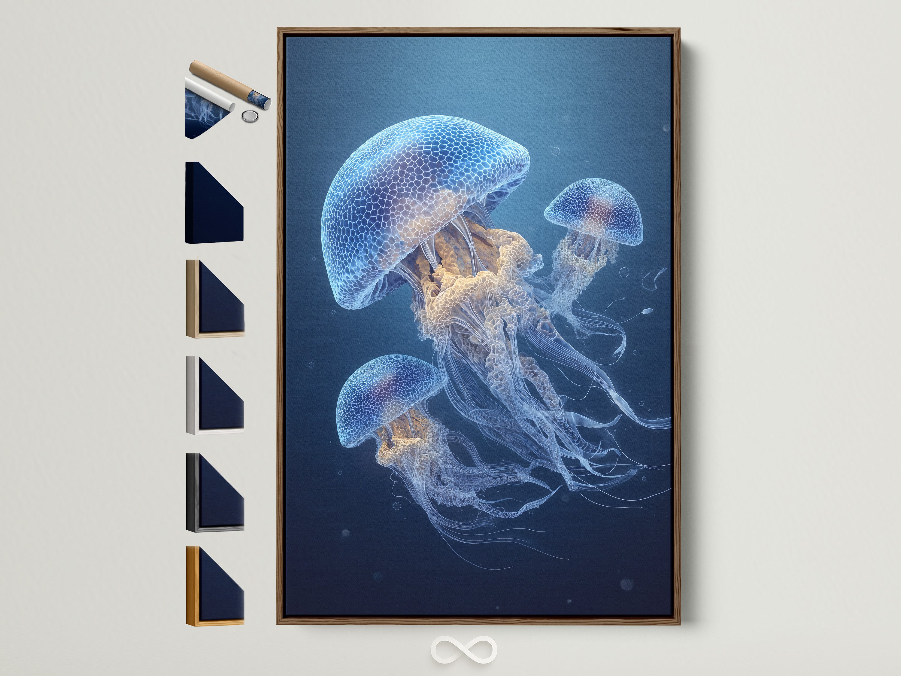 A brown frame showcases various frame styles. Explore art framing options. Find the perfect style. Enhance your artwork. Multiple frame options are displayed. Select the ideal aesthetic. Transform your living space. Discover framing possibilities. Customize your art display. All frame options in one image. This is a great way to choose the right frame.