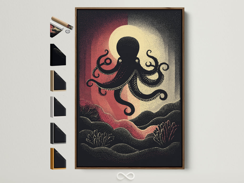 A framed octopus canvas print is displayed with various frame options. The brown frame accentuates the nautical wall art. Explore vintage sea creature artwork for coastal home decor. Find the perfect frame for your ocean canvas art. Elevate your space with marine artwork.