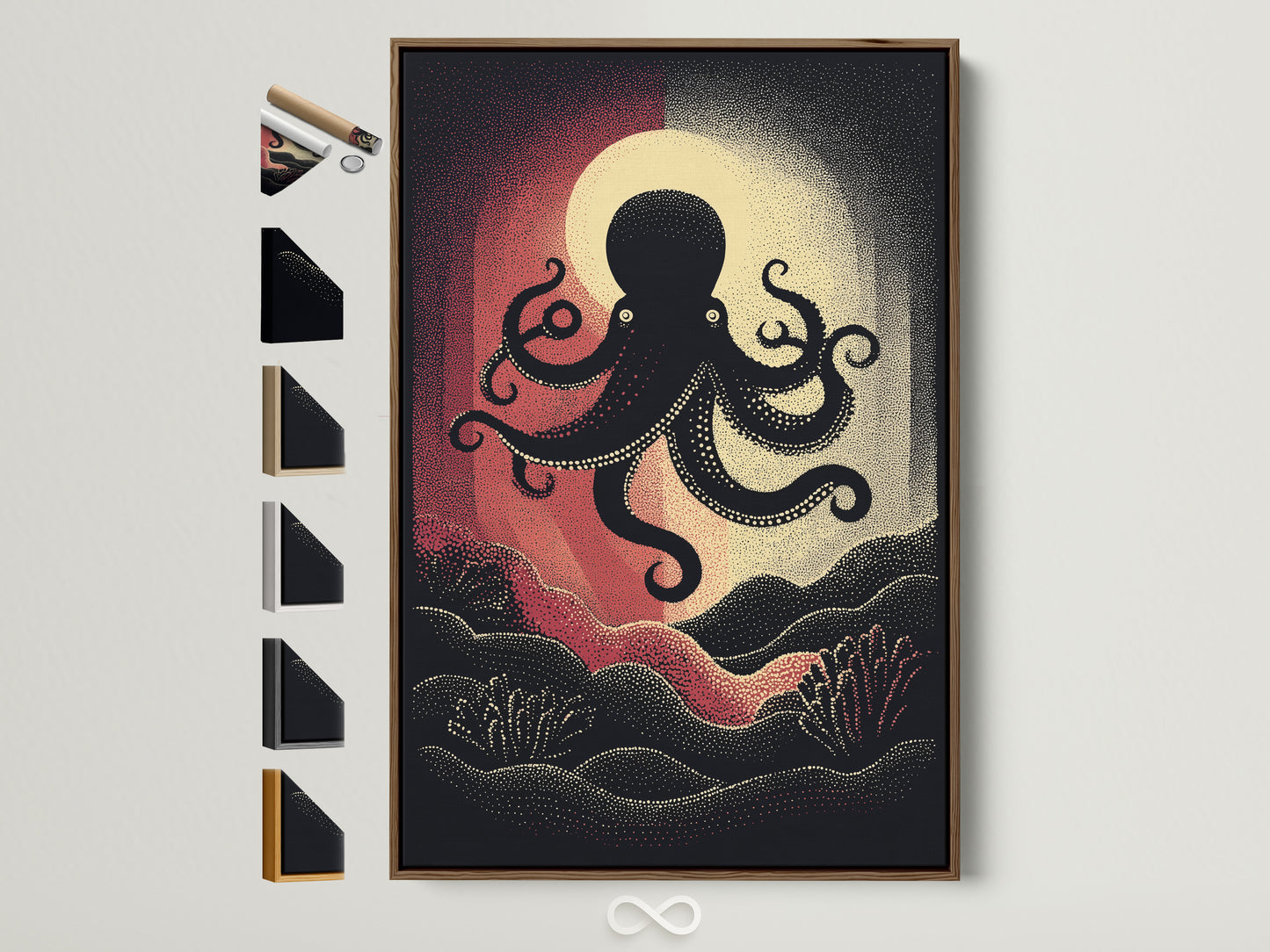 A framed octopus canvas print is displayed with various frame options. The brown frame accentuates the nautical wall art. Explore vintage sea creature artwork for coastal home decor. Find the perfect frame for your ocean canvas art. Elevate your space with marine artwork.