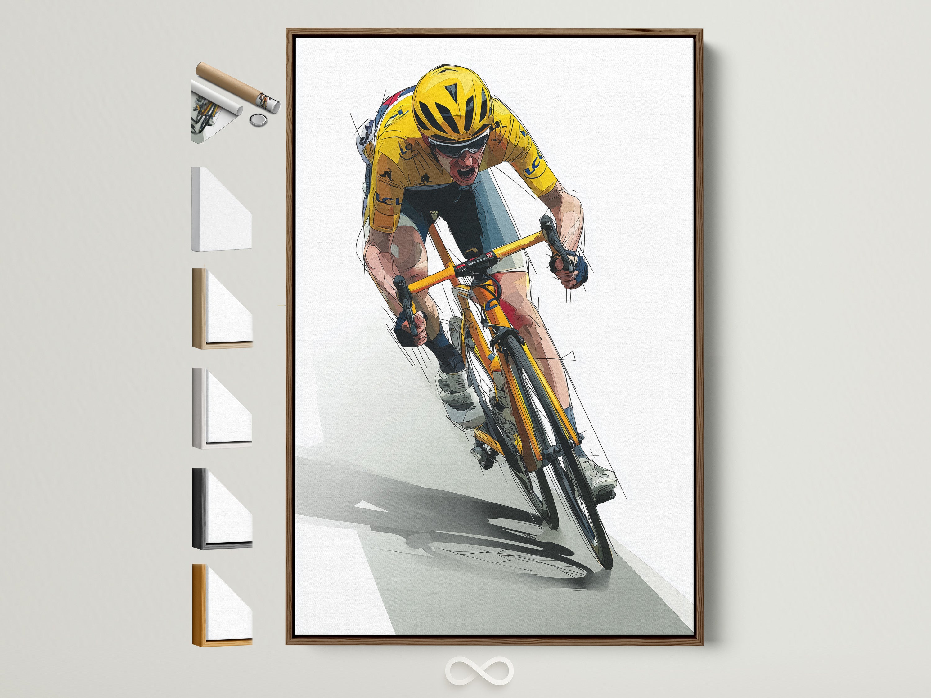 Artwork of a cyclist in the yellow jersey framed in a brown frame. Explore all our frame options to perfectly complement your art. Many frame colors are available. Find the ideal frame to showcase your unique style.