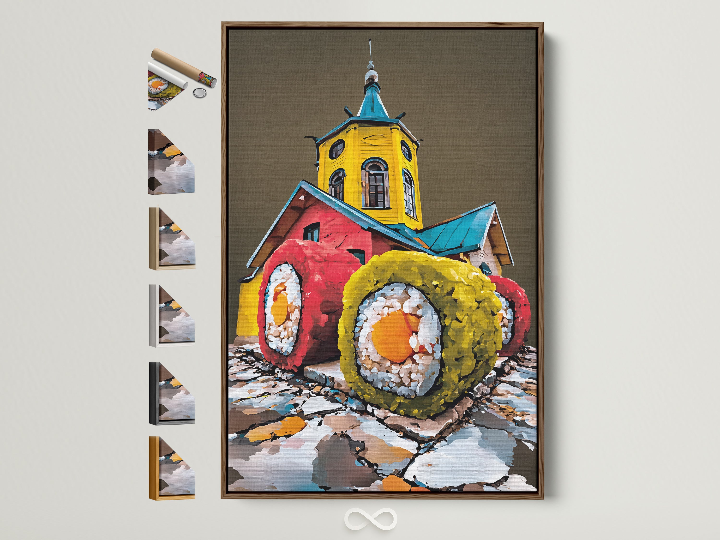 Brown frame displays colorful sushi artwork. Frame options are showcased on the side. This Japanese food canvas art adds a pop of color to any kitchen or dining area. Perfect for foodies and art collectors seeking modern wall decor.