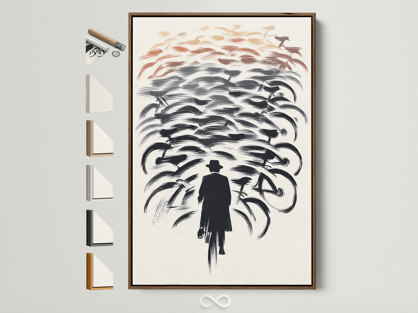 Modern wall art featuring a man with bicycles. This abstract cycling artwork is framed in a brown frame. The contemporary print adds style to any room. Discover frame options for bikes wall art. Ideal for modern art lovers seeking minimalist art.
