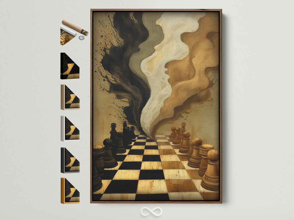 Elevate your space with this chess game artwork. It features a brown frame. Explore all framing options. Find the perfect frame to complement your decor. This abstract strategy wall art adds sophistication to any room.