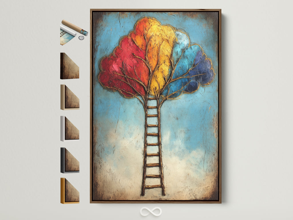 The Colorful Ladder Tree Art is displayed in a brown frame. The artwork features a ladder leading up to a vibrant tree with red yellow and blue leaves. Frame samples are visible on the side. This inspirational artwork adds a modern touch to any space.