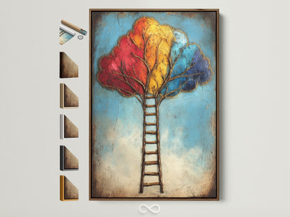 The Colorful Ladder Tree Art is displayed in a brown frame. The artwork features a ladder leading up to a vibrant tree with red yellow and blue leaves. Frame samples are visible on the side. This inspirational artwork adds a modern touch to any space.