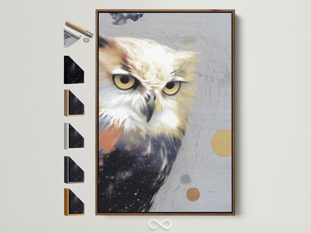 A captivating owl artwork print is displayed in a brown frame. All frame options are showcased beside it. This modern wildlife canvas art adds a touch of contemporary bird artwork to your office wall decor. Discover the perfect piece to elevate your space.