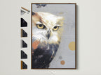 A captivating owl artwork print is displayed in a brown frame. All frame options are showcased beside it. This modern wildlife canvas art adds a touch of contemporary bird artwork to your office wall decor. Discover the perfect piece to elevate your space.